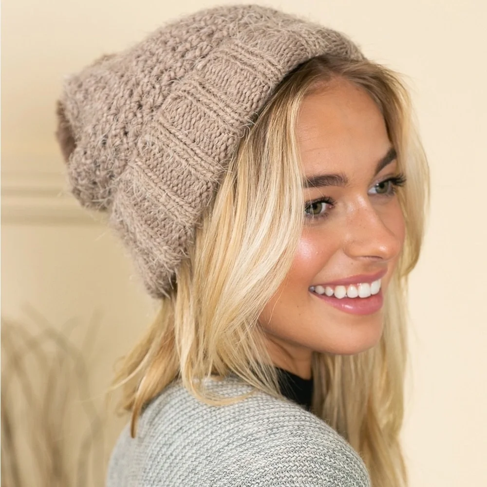 Taupe Ribbed Slouchy Fall Beanie - Picture 3 of 6